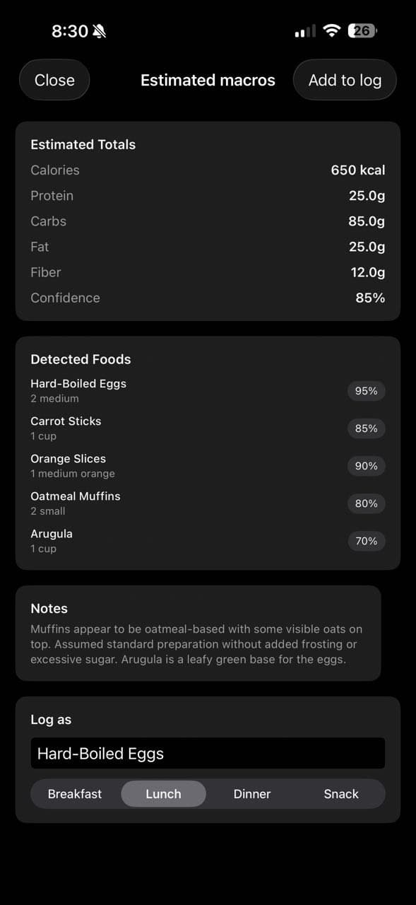 Omi estimated macros screen with calories, nutrients, detected foods, and confidence values