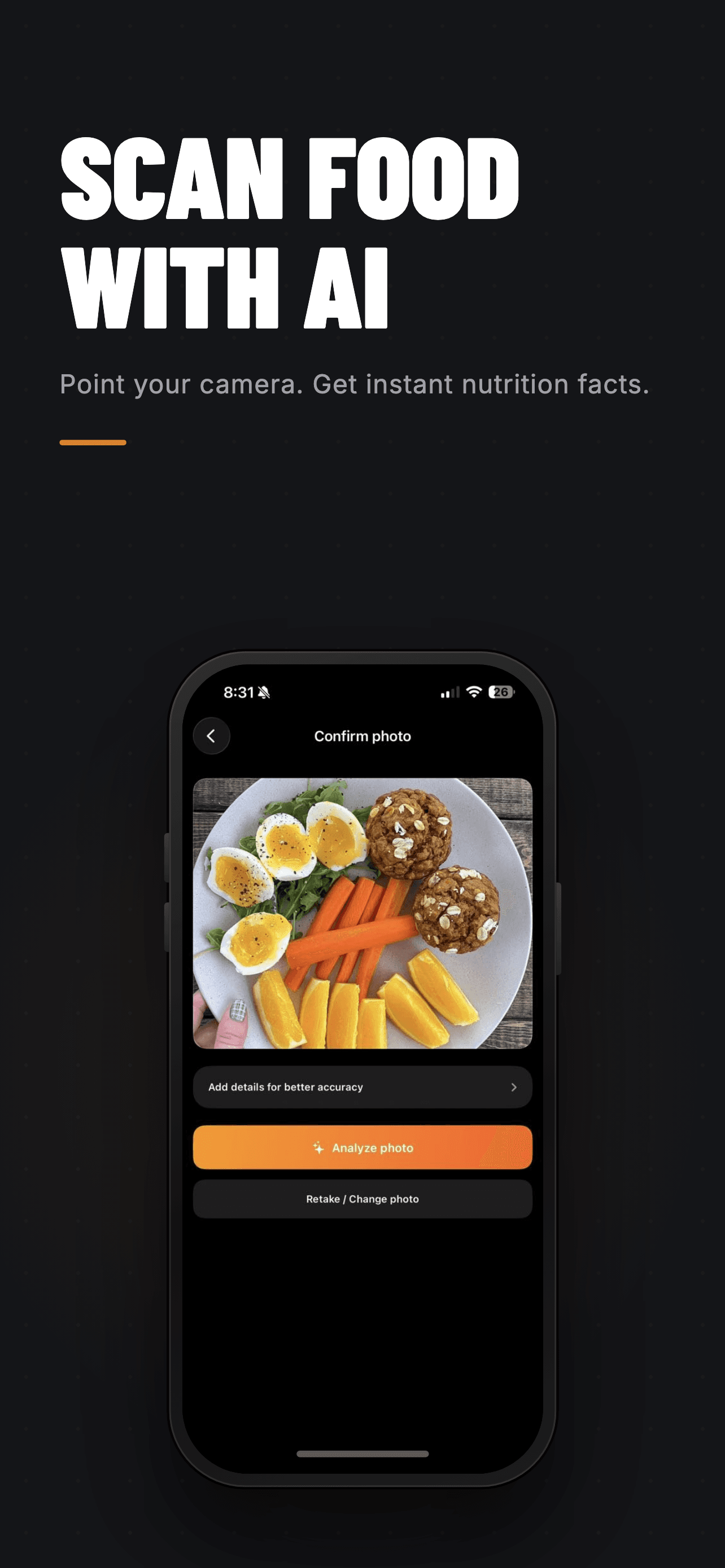 Omi food scanner confirming a meal photo before estimating its calories and macros