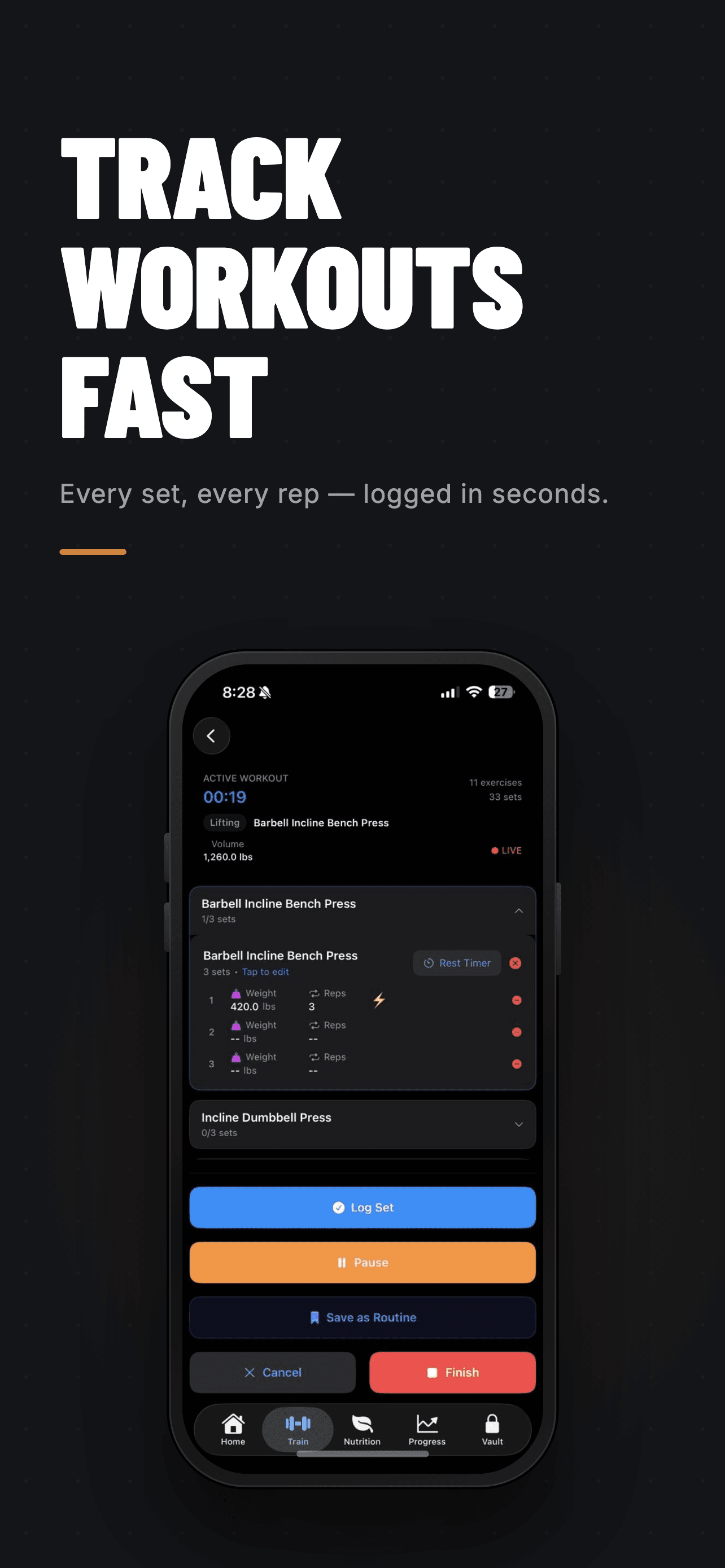 Omi workout screen for logging sets, repetitions, and weight during a training session