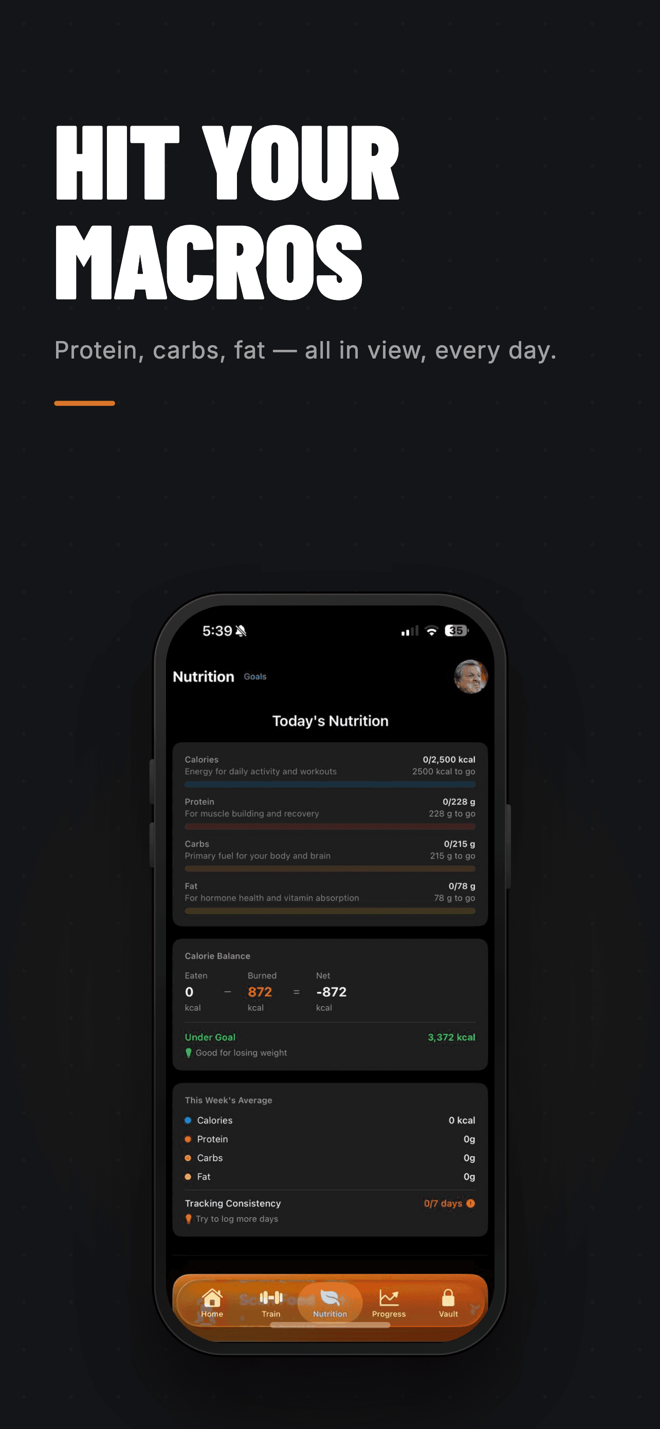Omi nutrition dashboard showing daily calorie and macro goals